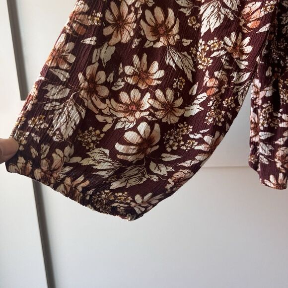 American Eagle Women Top XS Brown Floral Cropped Boho Smocked Peplum Peasant - Picture 6 of 11